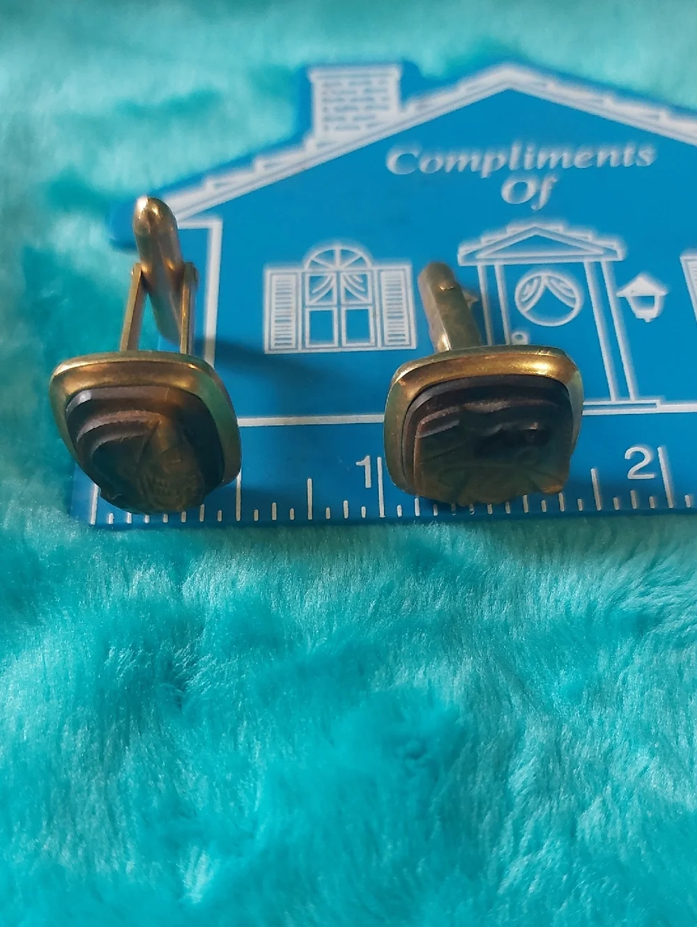 Vintage 3-Pc Mid-Century Tiger Eye Cameo Roman Soldier Cufflinks 12K Gold Filled